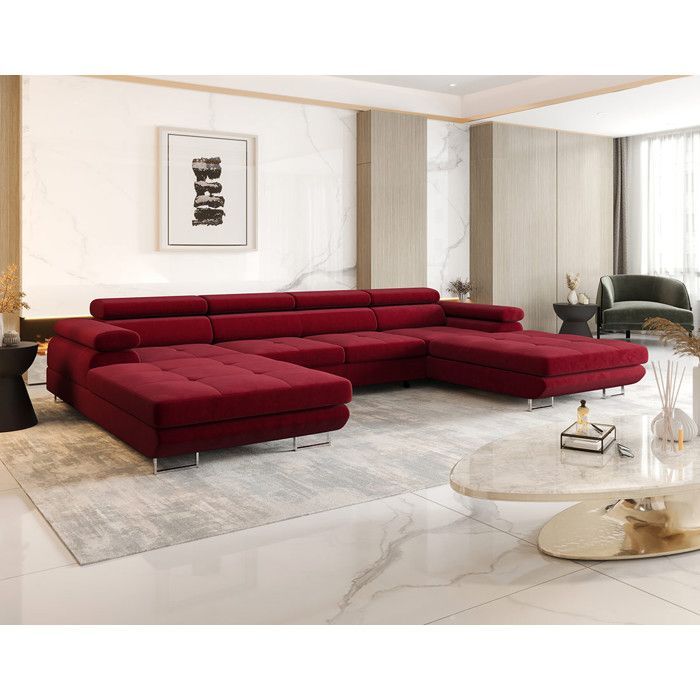 Ayden - 7-seater U-shaped panoramic sofa bed with storage and adjustable fabric headrests - Plum