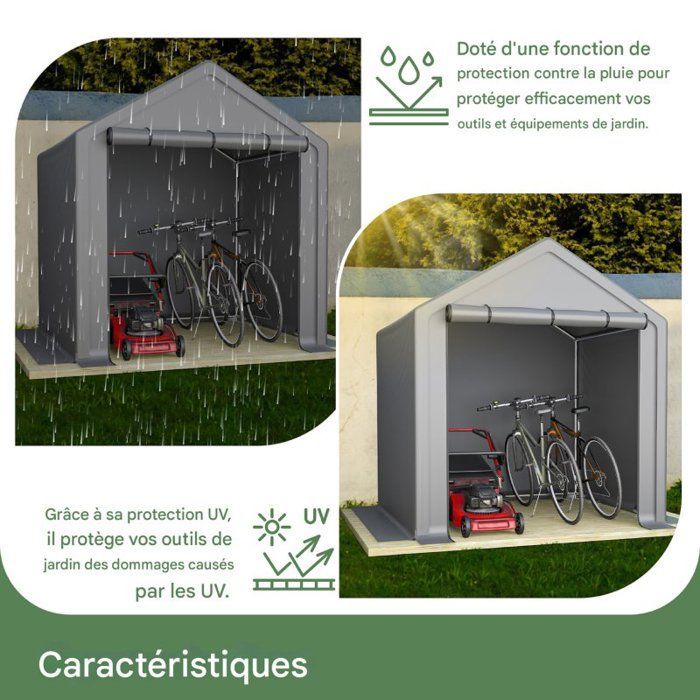 Abri de jardin 190 x 170 x 200 cm, garage à vélos, abri à outils, tente de garage, cabane de jardin, tente de rangement, gris fonc