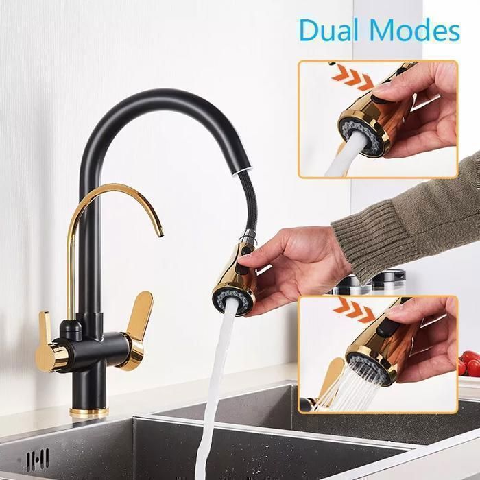 JUNSOTTOR Kitchen Faucet - 360° Swivel - Pull-Out Spray Head - Mixer Tap - Single Lever for Hot and Cold Water - Black