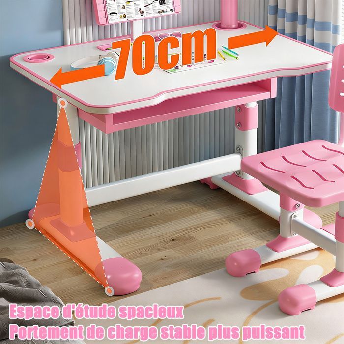 Escritorio y silla de estudio infantil - Soporte de lectura reclinable, luz LED - Altura ajustable (3-18 años)