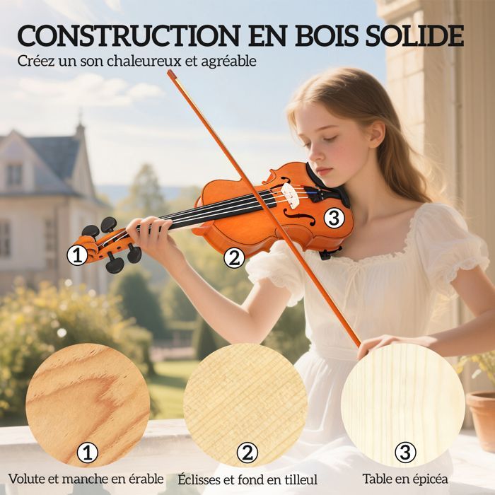 Conjunto de violín 4/4, violín de madera maciza para adultos y principiantes, con estuche ligero y portátil, 60 x 21 cm, marrón.