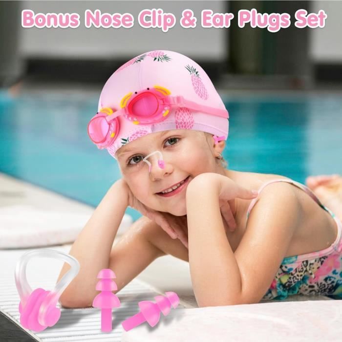 4-Piece Children's Swimming Cap Set - AQSACOKIYA - Boys and Girls Ages 5-12 - Children's Swimming Goggles Set - Pink