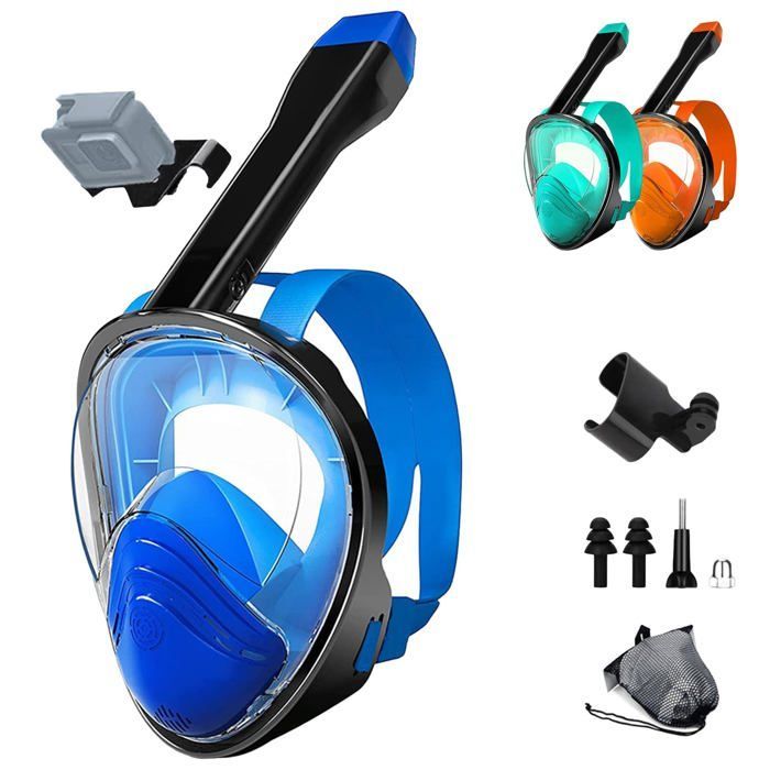 Bleu Noir Masque de Plongée Intégral 180° avec Support Caméra de Sport,Anti-buée Masque Snorkeling pour Adultes/Enfants(S/M)