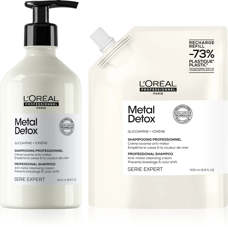 L'Oréal Professionnel Serie Expert Metal Detox, embalagem prática para cabelos danificados.