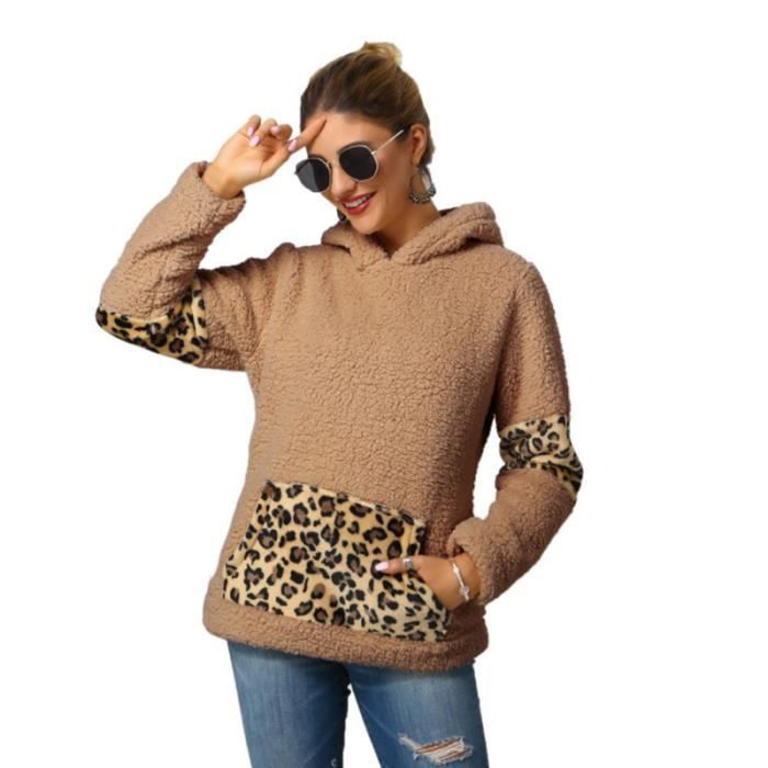 Sweat femme - LEOCLOTHO - Pieu double face Imprimé léopard - Col capuche - Manches longues - Kaki