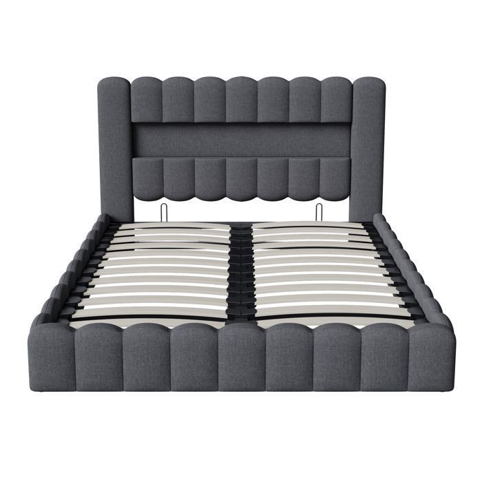 Cama con almacenamiento de 180 x 200 cm, cama de 180 x 200 cm con somier de láminas, con puerto USB y luz LED, cama doble, cama tapizada, estructura de cama, ropa de cama, gris