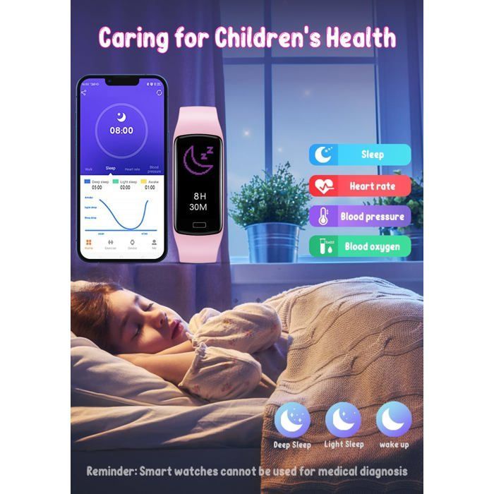 Kindersmartwatch voor sport: 2,4 cm (0,96 inch) verbonden fitnessarmband met stappenteller voor meisjes en jongens (roze)