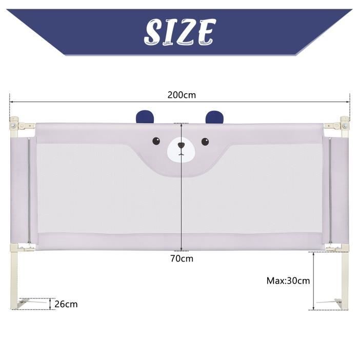 QUIIENCLEE Barrière de lit bébé enfant - Tube en fer + tissu Oxford - Gris 200 x 100 x 26 cm - modèle d'ours