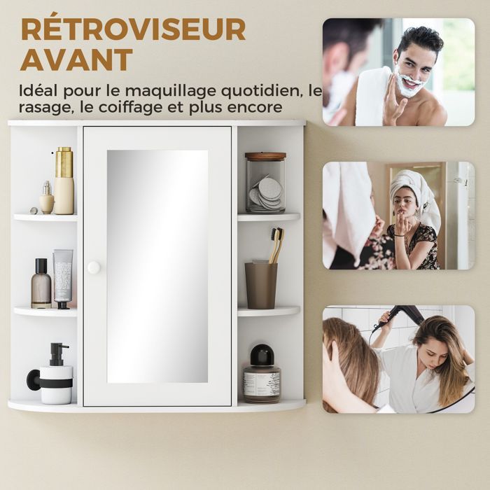 Armoire murale avec miroir salle de bain - HOMCOM - rangement toilettes 1 porte étagères  latérales - MDF - blanc
