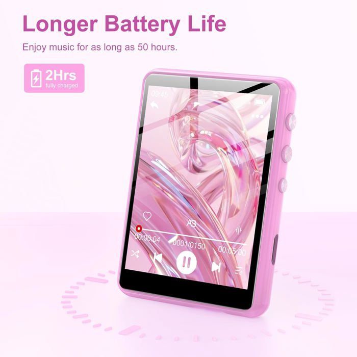 Reproductor MP3 de 128 GB con pantalla táctil Bluetooth de 5,3 a 2,4 pulgadas, sonido Hi-Fi, altavoz integrado, función de grabación y radio FM.