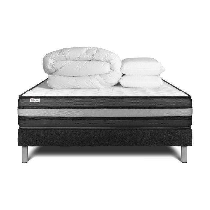 Juego de cama completo de 180x200 cm - Colchón + Base de cama negra (requiere montaje) + 2 almohadas + Edredón - Vital Power Zen Negro