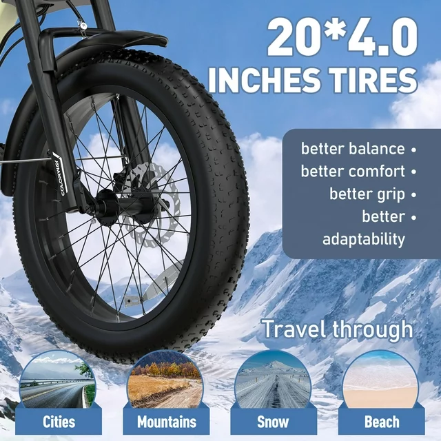 Bicicleta elétrica COLORWAY 750W para adultos, com pneus largos 20x4.0, ideal para trilhas e neve, com bateria de 36V/12Ah. Perfeita para ciclismo ao ar livre, praia e montanha.