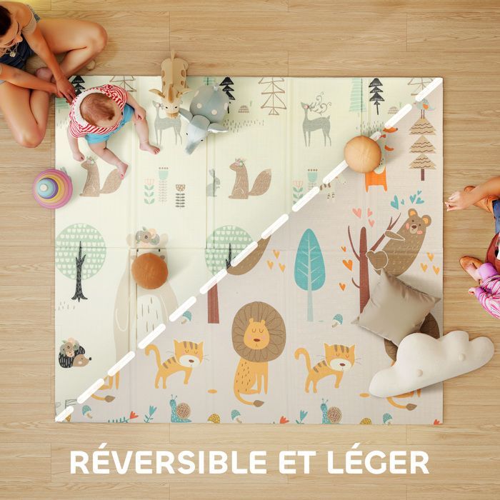 Tapis d'éveil bébé - AIYAPLAY - pliable épais réversible en mousse - antidérapant - motif animalier - 196 x 176 x 1,5 cm multicolore
