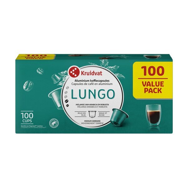 Hliníkové kávové kapsuly Kruidvat Lungo<br>100 kusov