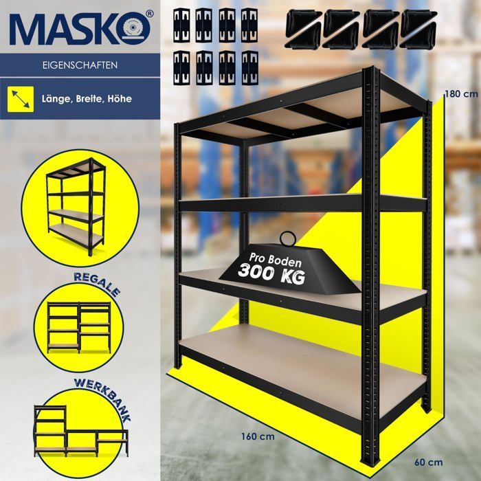Estantería metálica de alta resistencia MASKO®, máx. 1200 kg | Estantería de 4 niveles para almacenamiento y organización en garaje y taller, color negro.