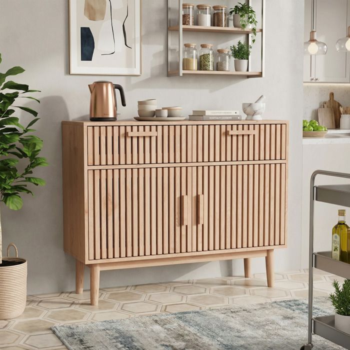 Buffet cuisine bois massif 100 x 35 x 80 cm – 2 tiroirs, 2 portes, anti-basculement – style scandinave
