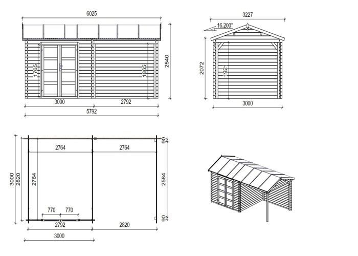 Abri de jardin en bois - 17,40m2 - 5,79x3m - Traité - Ep. 28mm - Couleur: vert - DOM718