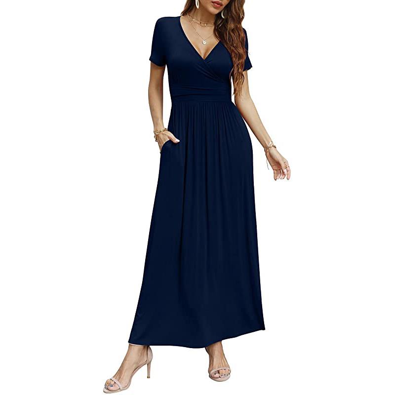 Robe longue décontractée à manches longues et décolleté en V profond pour femme, robe maxi plissée à taille haute avec poches