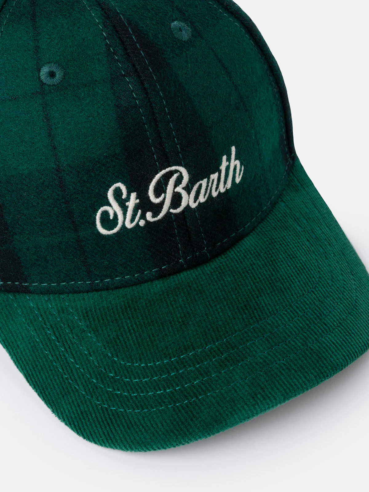 Baseballpet van wol met tartanprint en corduroy klep.