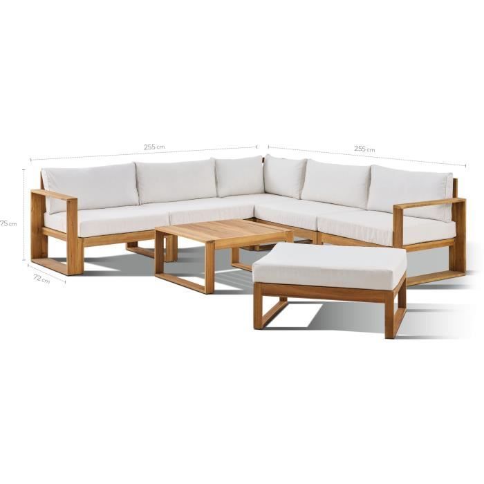 Conjunto modular de jardín esquinero LEVATA XL - Madera de acacia con certificación FSC - 8 plazas - Color blanco roto + Funda incluida