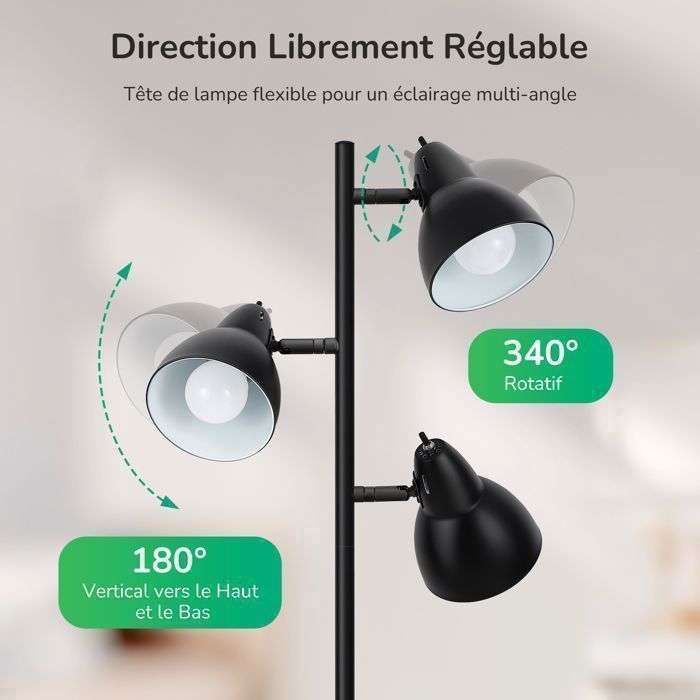 EDISHINE Floor Lamp for Living Room, 3 Adjustable Lights with Individual Switches, 3 E27 Bulbs Included, 163 cm, Black, Metal