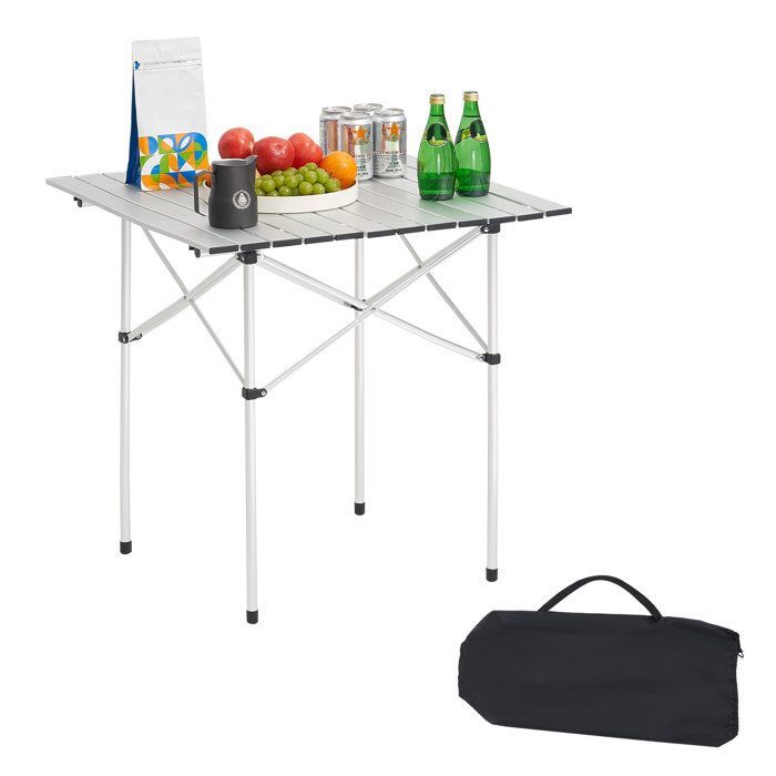 Mesa de camping plegable y enrollable VEVOR de 70x70 cm con bolsa de transporte - Mesa auxiliar portátil - Aluminio - Plata
