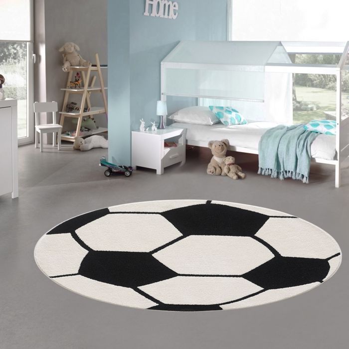 TEPPICH-TRAUM Runde Kinderfußballmatte – Schwarz-Weiß – 3D-Effekt – 120 cm Durchmesser