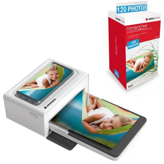 AGFA PHOTO Realipix Moments Printer Pack + 120 Photo Cartridges - Bluetooth Photo Printing 10x15 cm Smartphone - White