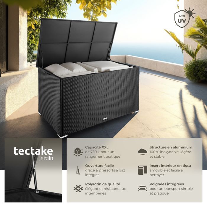 Rangement d'extérieur - TECTAKE - Coffre de jardin OSLO en aluminium et polyrotin avec revêtement intérieur amovible - Noir