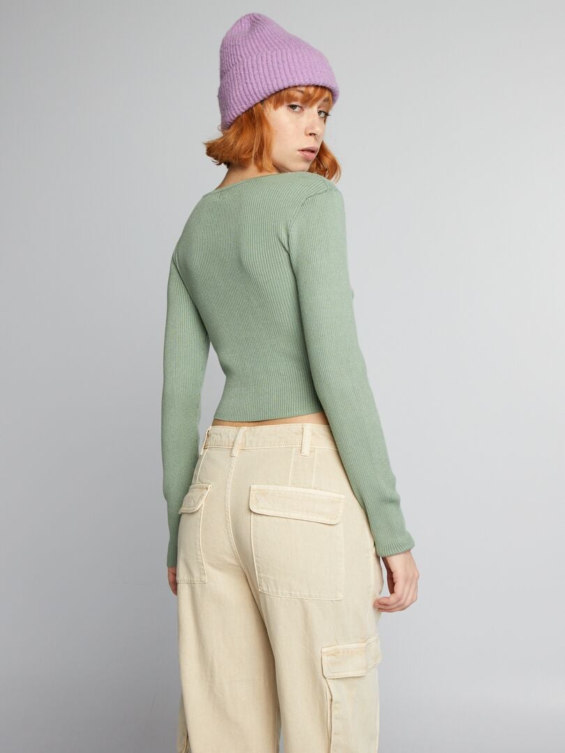 Jersey de punto acanalado con escote cruzado - VERDE