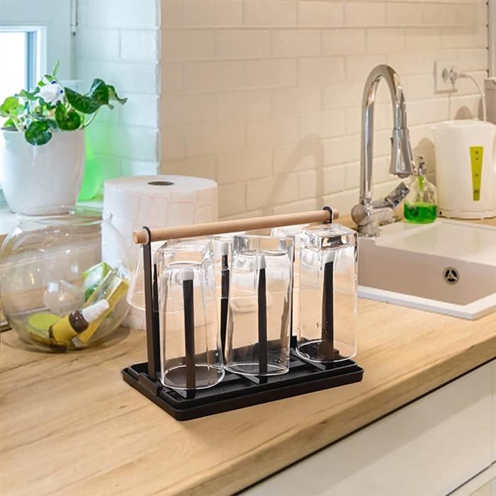 Estante para botellas, escurridor de platos, 6 soportes para botellas, soporte metálico para vasos con escurridor y secador de botellas para