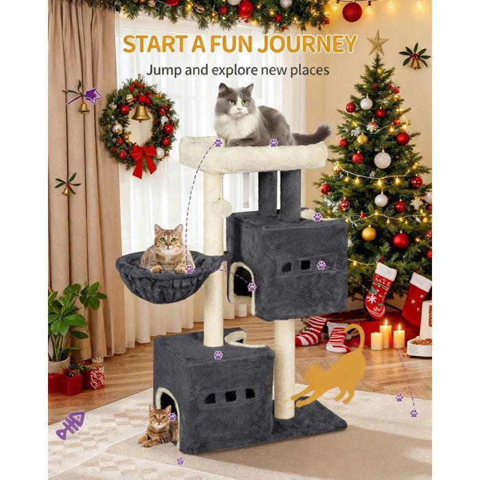 Arbre à Chat,Tour de Jeux 98 cm, Meubles de Maison pour Chats avec 2 Niches, Grande Plate-Forme, Sisal Griffoir, Hamac, Gris Foncé