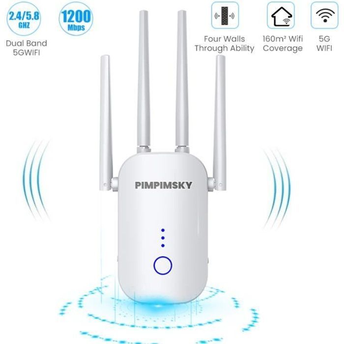 PIMPIMSKY Potente ripetitore WiFi da 1200 Mbps, amplificatore WiFi a 5,8 GHz e 2,4 GHz, booster di portata WiFi dual band, 1 porta