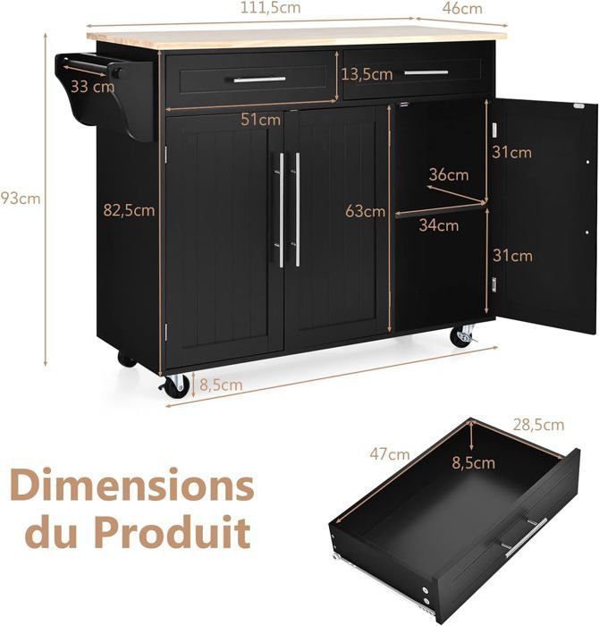 GOPLUS Desserte Îlot de Cuisine à roulettes en Bois avec 2 Placards Étagère 2 Niveaux Réglables et 2 Tiroirs, 122 x 46 x 93 CM,