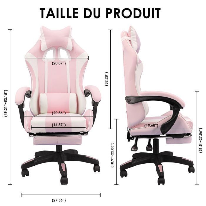 Chaise Gaming, Siège de Bureau réglable, Fauteuil Gaming avec Repose-Pieds télescopique (Pink et Blanc)