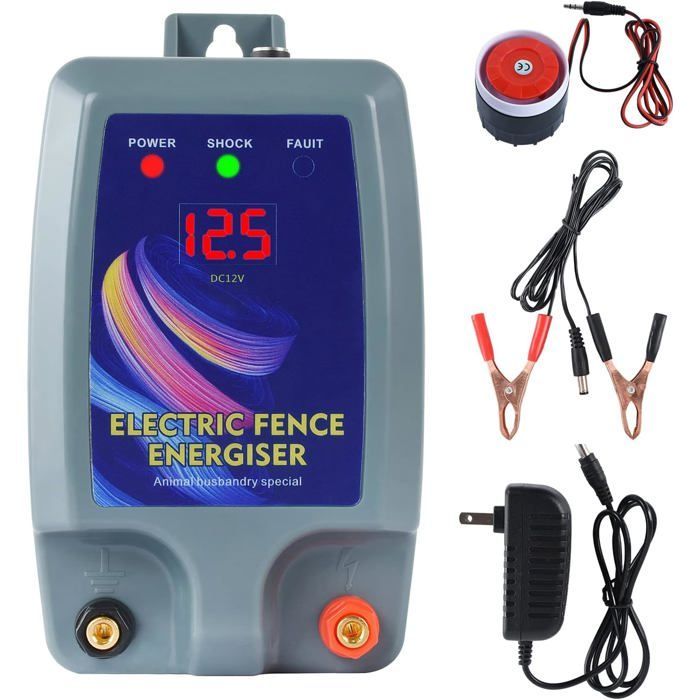 Alimentation pour clôture électrique avec clip de batterie et alarme, sécurité pour volailles, moutons et bétail, idéale pour