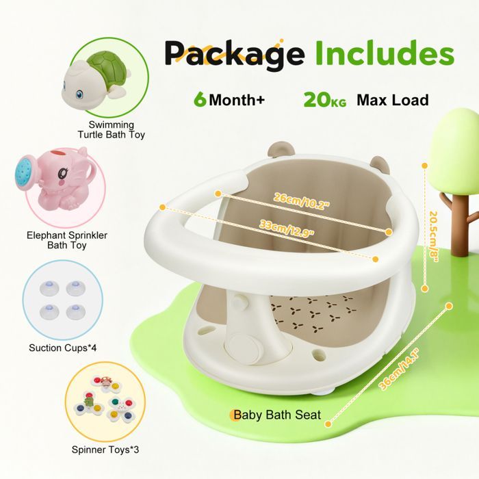 Asiento de baño para bebés 2 en 1 con juguetes, apto a partir de 6 meses, accesorio ergonómico para bañera con 4 ventosas antideslizantes.