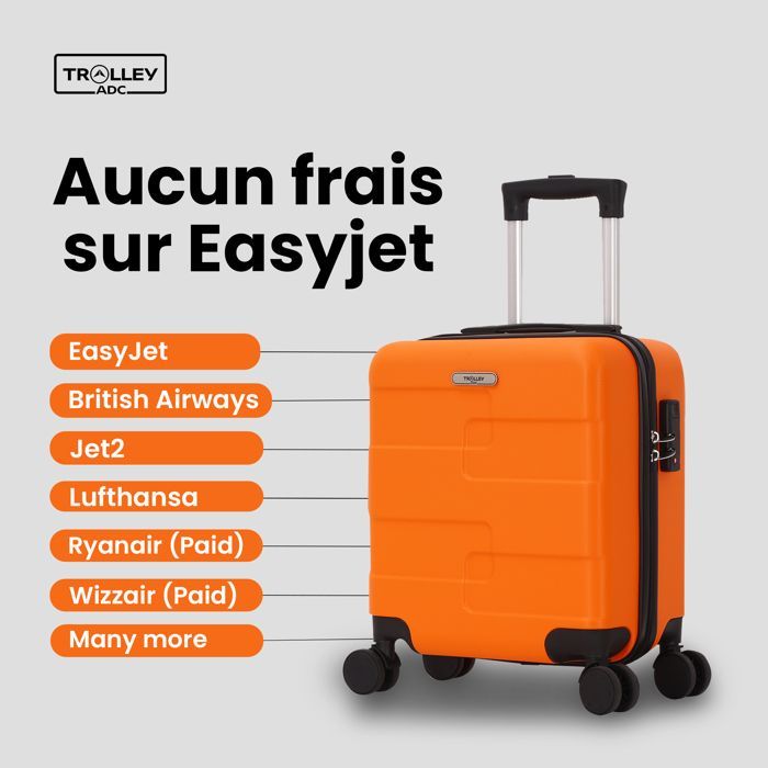 Valigia da cabina EasyJet 45x36x20 cm – ABS rigido e leggero – 4 ruote doppie girevoli – Blu – Carrello ADC – Etichetta per bagaglio inclusa