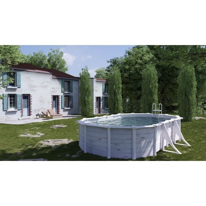 GRE - Piscine ovale acier 5,27m x 3,27m x H: 1,22m -  Imitation bois Nordique Filtration à sable Renfort apparents