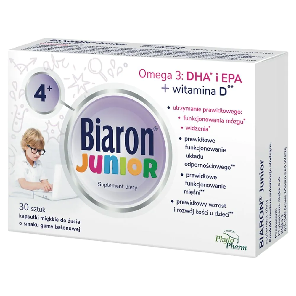 Biaron Junior, Omega-3 + Witamina D dla dzieci powyżej 4. roku życia i dorosłych, Kapsułki miękkie do żucia, Smak gumy balonowej