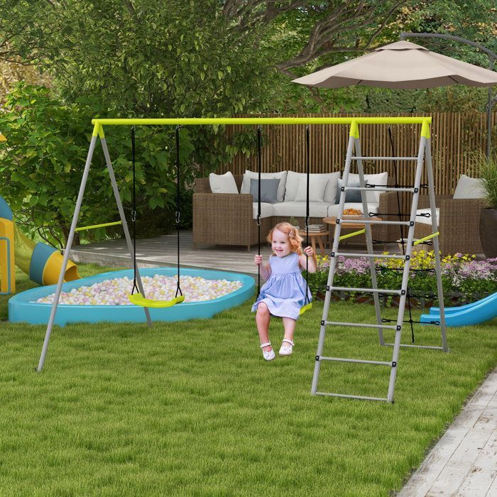 Balançoire portique pour enfant - Outsunny - 2 agrès - échelle grimpeuse et filet d'escalade - Métal - 260x185x180cm - Vert