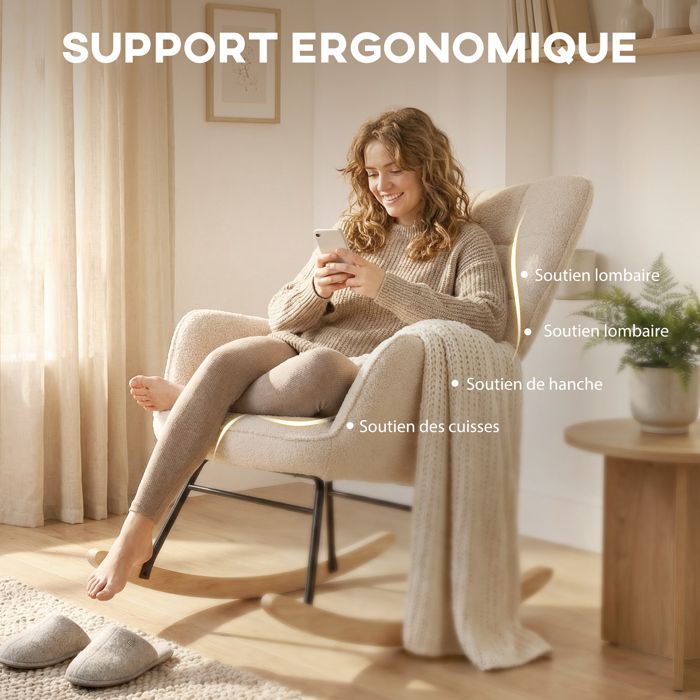 Fauteuil à bascule - HOMCOM - revêtement effet laine bouclée - structure en acier - pieds en bois massif - beige