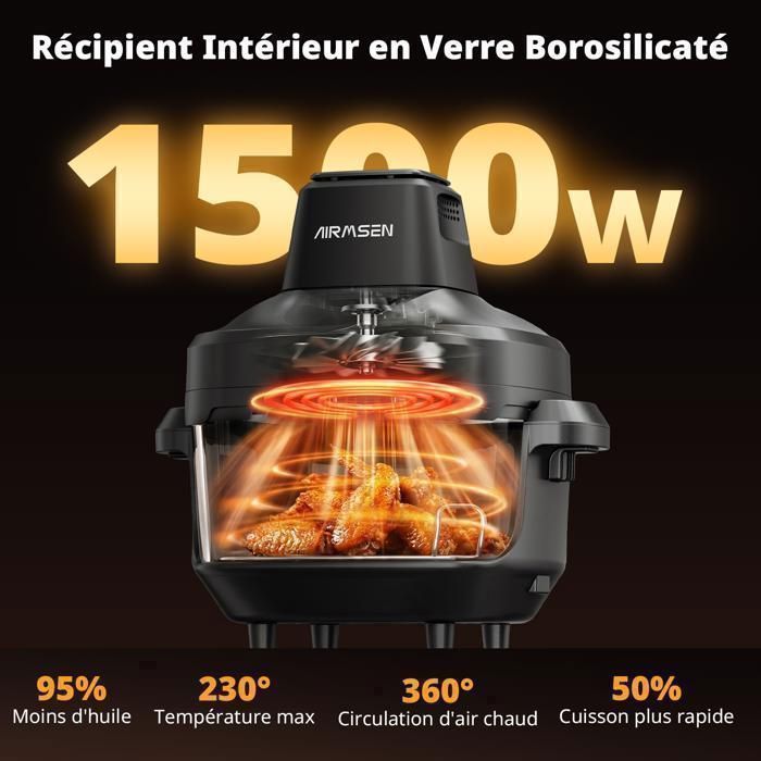 Freidora de aire AIRMSEN de 1500 W con vaso de cristal de 5,7 L (4,5 L + 1,2 L), cocción visible, cocina saludable, 4 programas, patatas fritas, pollo, color negro.