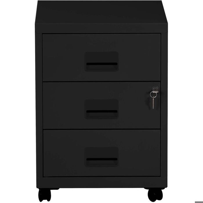 Caisson de rangement 3 tiroirs en acier sur roulettes noir mat