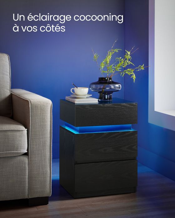 Comodino - VASAGLE - Striscia LED multicolore regolabile - 3 cassetti - Stile moderno