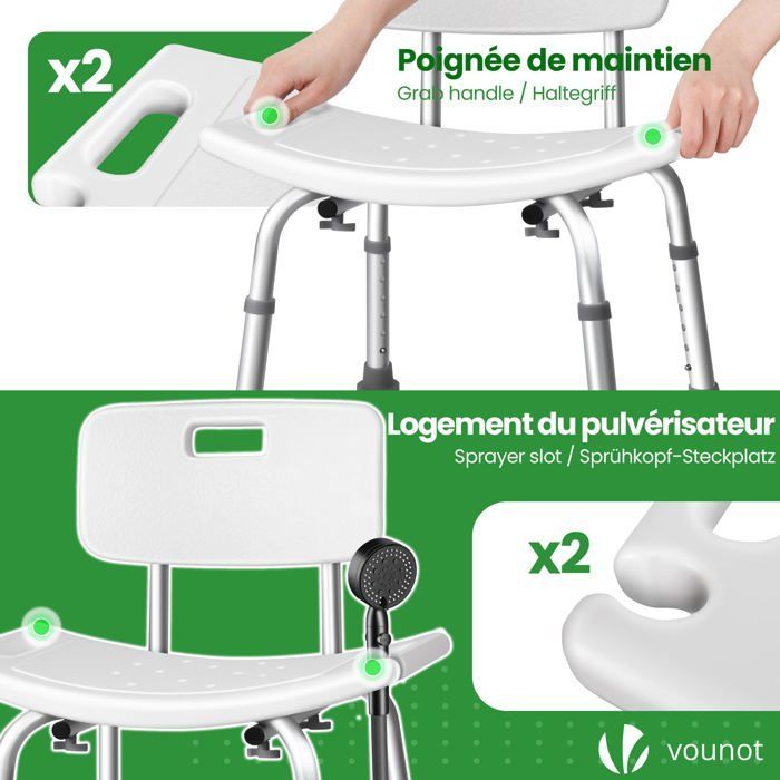 Silla de ducha VOUNOT® con respaldo ergonómico - Altura ajustable - Patas antideslizantes - Asiento de aluminio y HDPE - Blanca