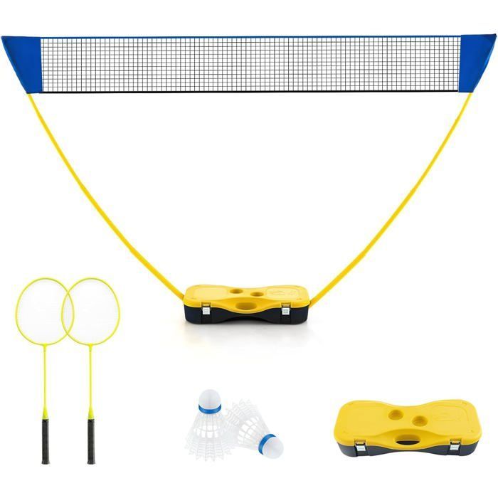 Juego de red de bádminton portátil GYMAX de 275 cm, con 2 raquetas, 2 volantes, caja de almacenamiento, fácil montaje - Amarillo
