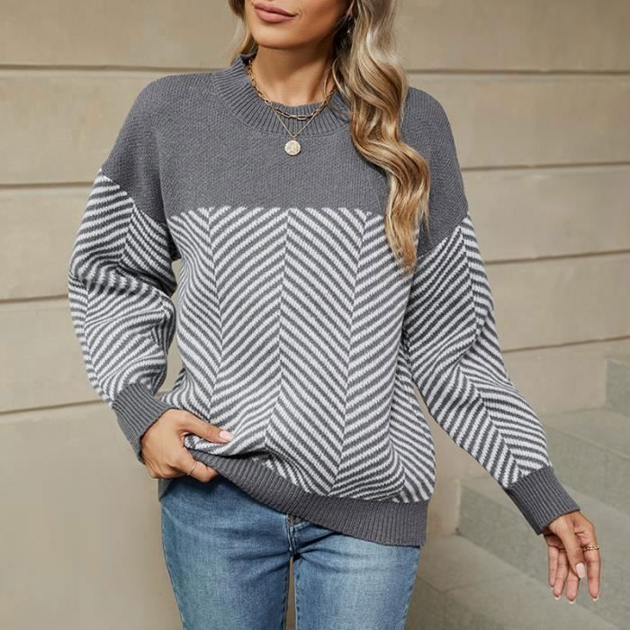 Jersey de punto a rayas para mujer, ideal para otoño/invierno, manga larga y cuello redondo - Gris - INSFITY - Mujer - Cuello redondo