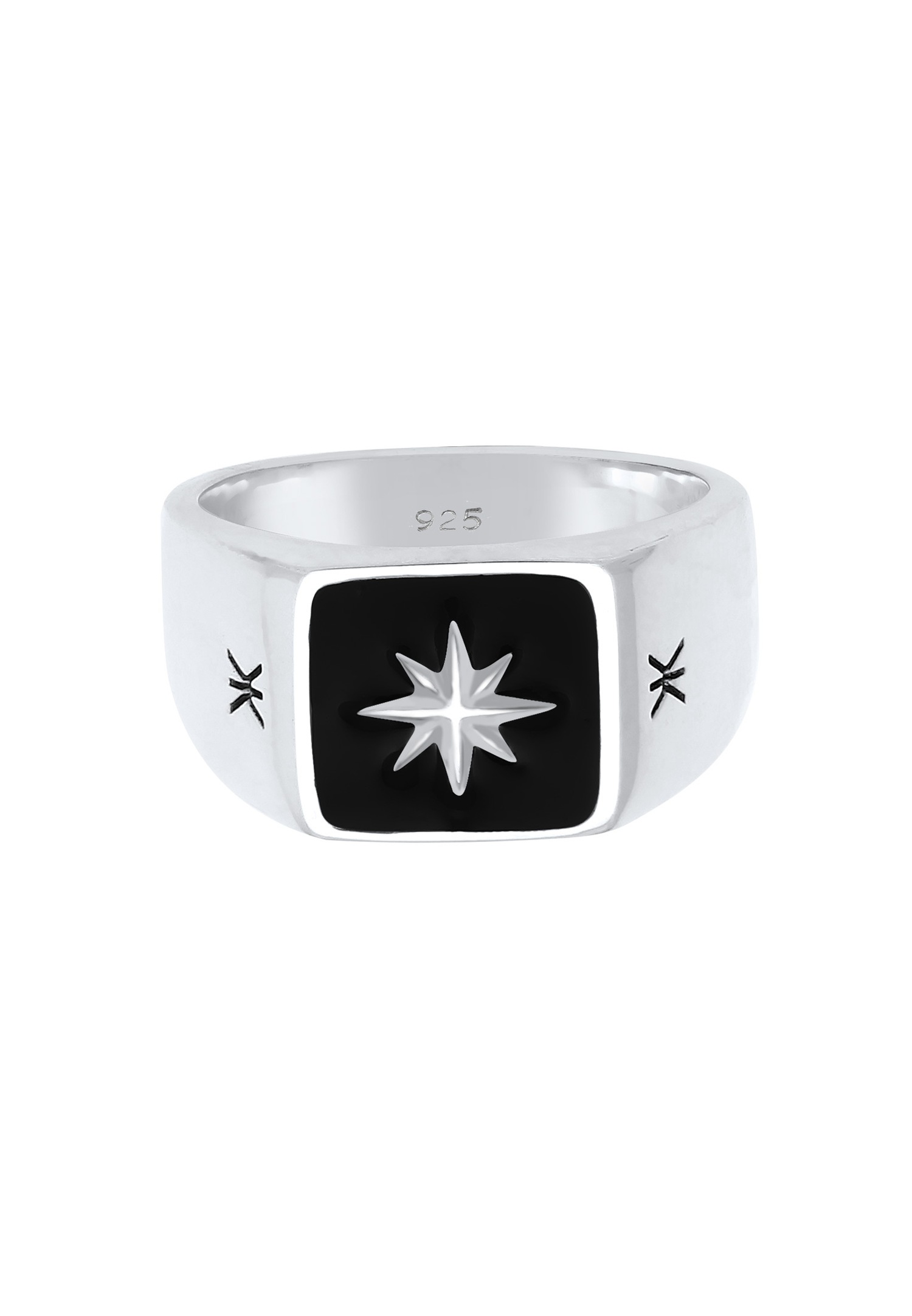 KUZZOI Hommes Signet Black Enamel Star Massive en argent sterling 925