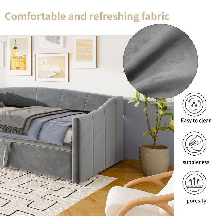 Canapé Lit Convertible 2 Places - Velours Gris Oeko-Tex - Mécanisme Clic-Clac - Dimensions 210x90cm